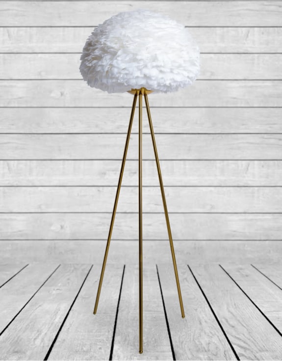 White Feather Shade Brushed Brass Tripod Floor Lamp - HOMEDECORATION